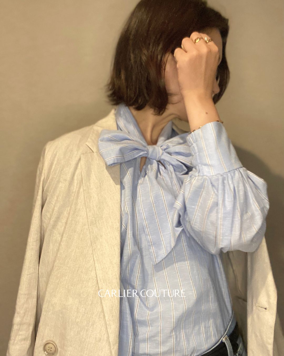 【受注終了】オーガニックコットン・ボウタイストライプブラウス