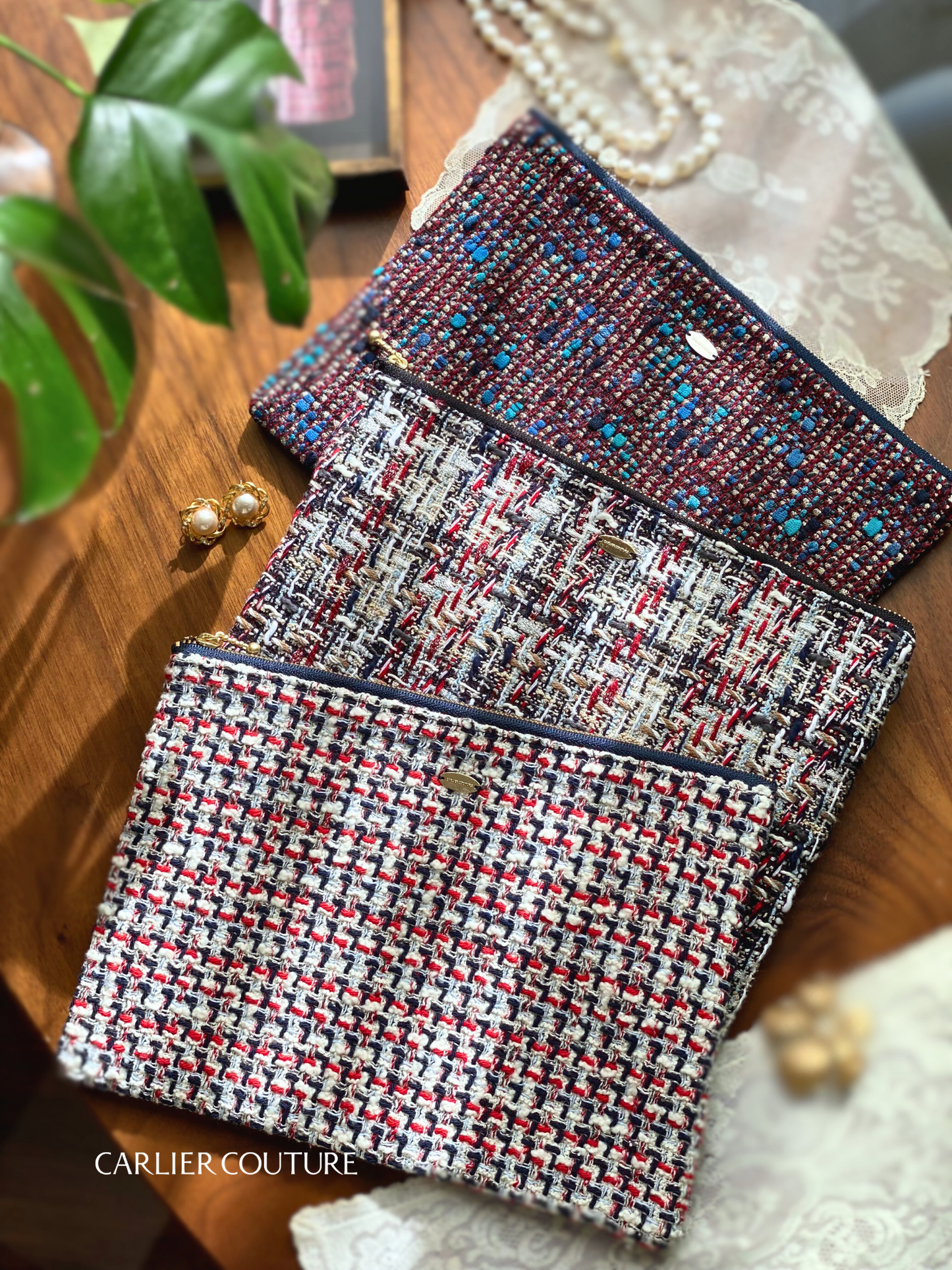 [Page de réservation uniquement] Pochette en tweed mélangé italien Grand [Rose x Marine]