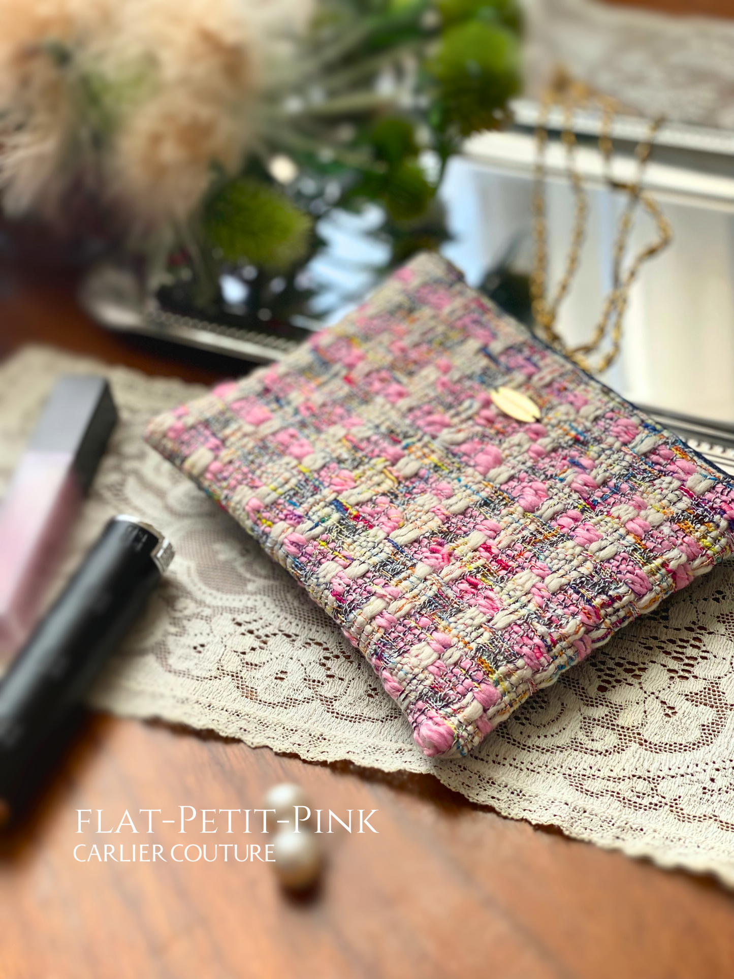 [Page de réservation uniquement] Pochette en tweed mélangé italien Grand [Rose x Marine]