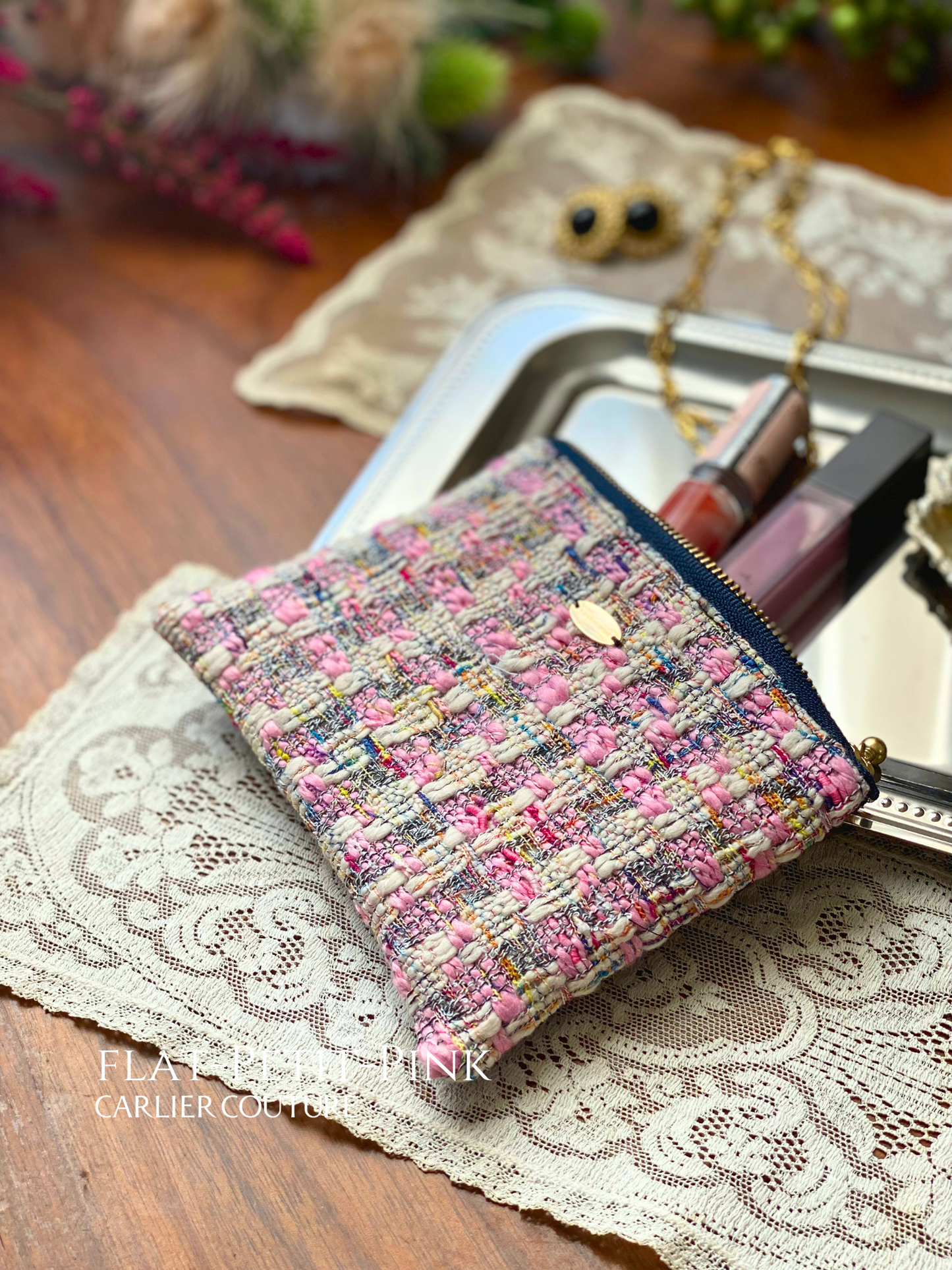 [Page de réservation uniquement] Pochette en tweed mélangé italien Grand [Rose x Marine]