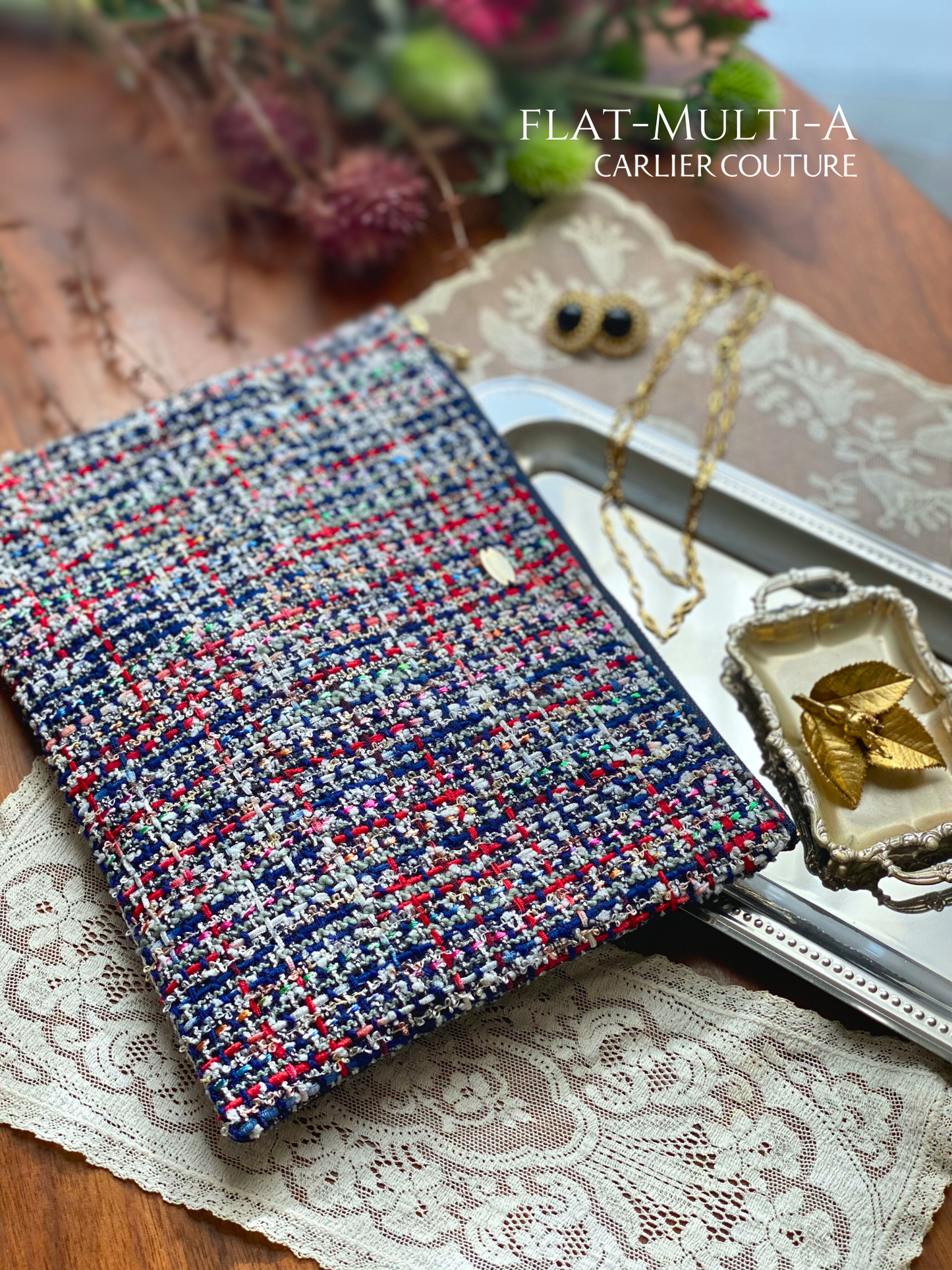 [Page de réservation uniquement] Pochette en tweed mélangé italien Grand [Rose x Marine]