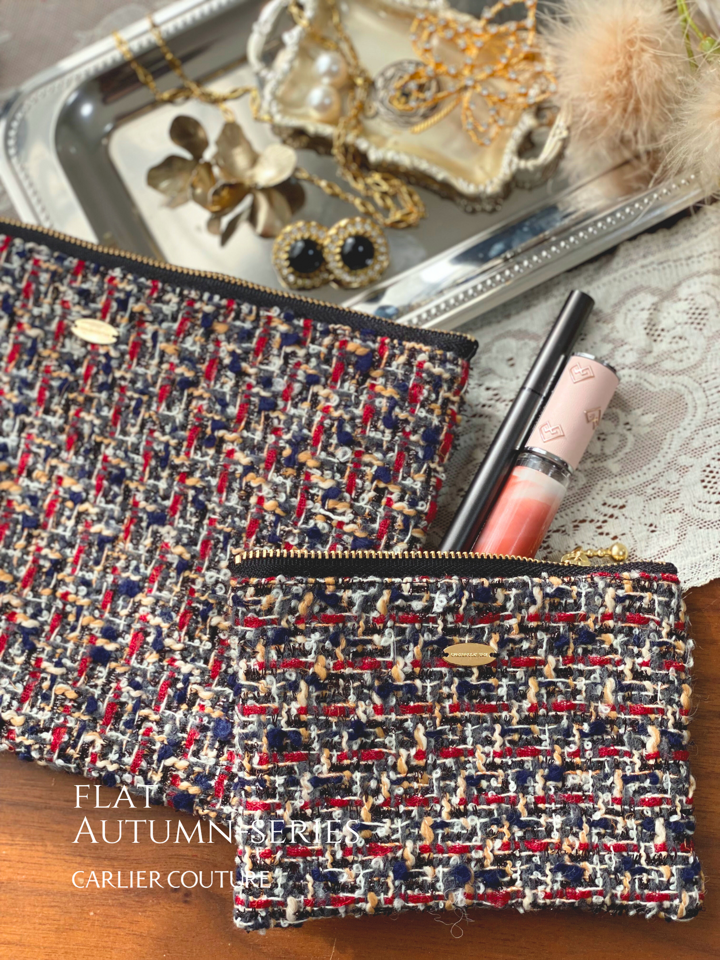 [Page de réservation uniquement] Pochette en tweed mélangé italien Grand [Rose x Marine]