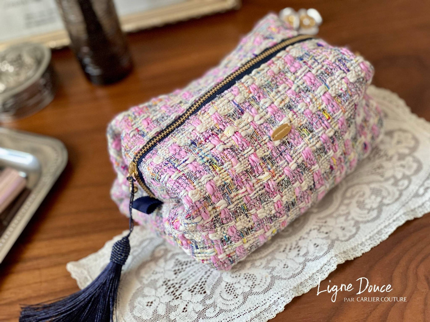 [Page de réservation uniquement] Pochette en tweed mélangé italien Grand [Rose x Marine]