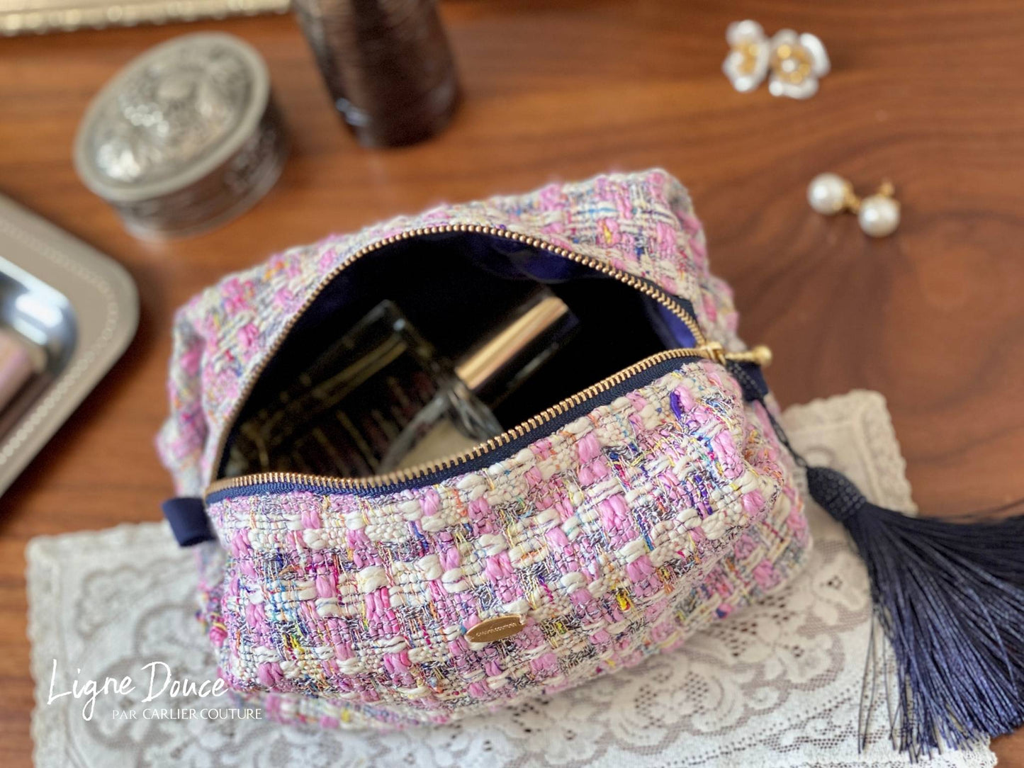 [Page de réservation uniquement] Pochette en tweed mélangé italien Grand [Rose x Marine]