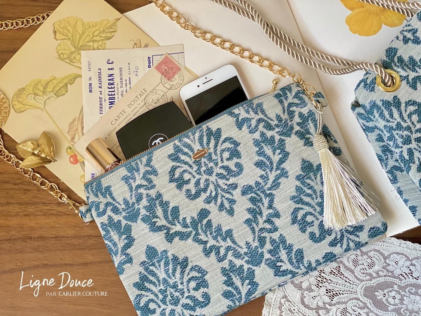 [Page réservée uniquement] Pochette jacquard confectionnée en Italie [Motif damassé/bleu]