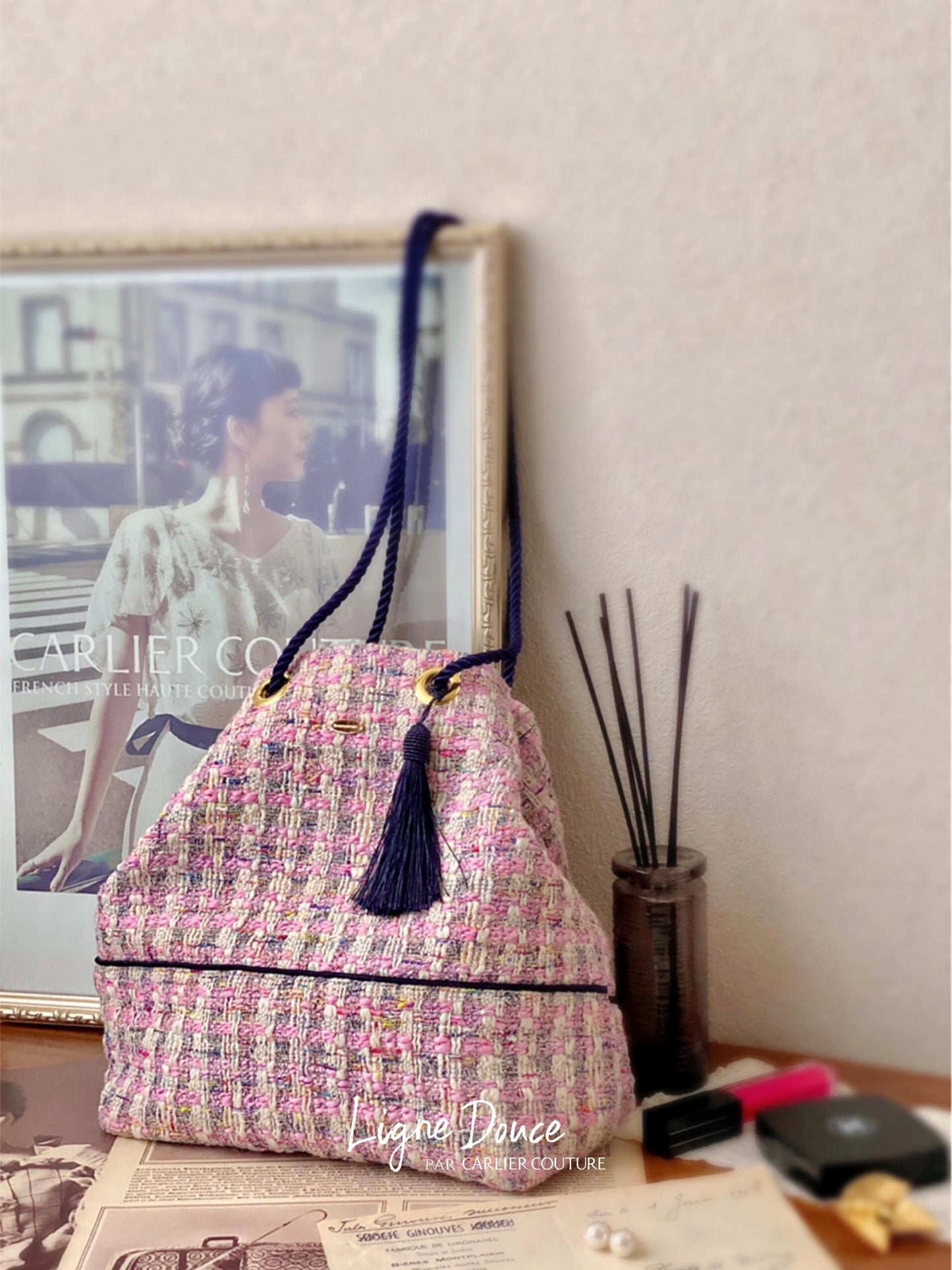 [Page réservée uniquement] Sac à œillets en tweed mélangé italien [Rose x Marine]