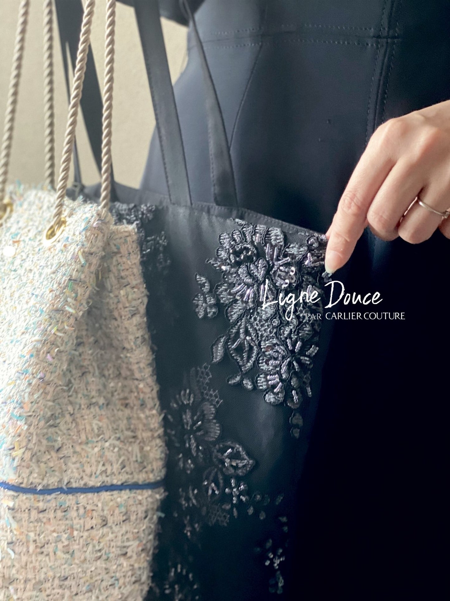 [Page de réservation uniquement] Tote bag/dentelle broderie perles [Noir]