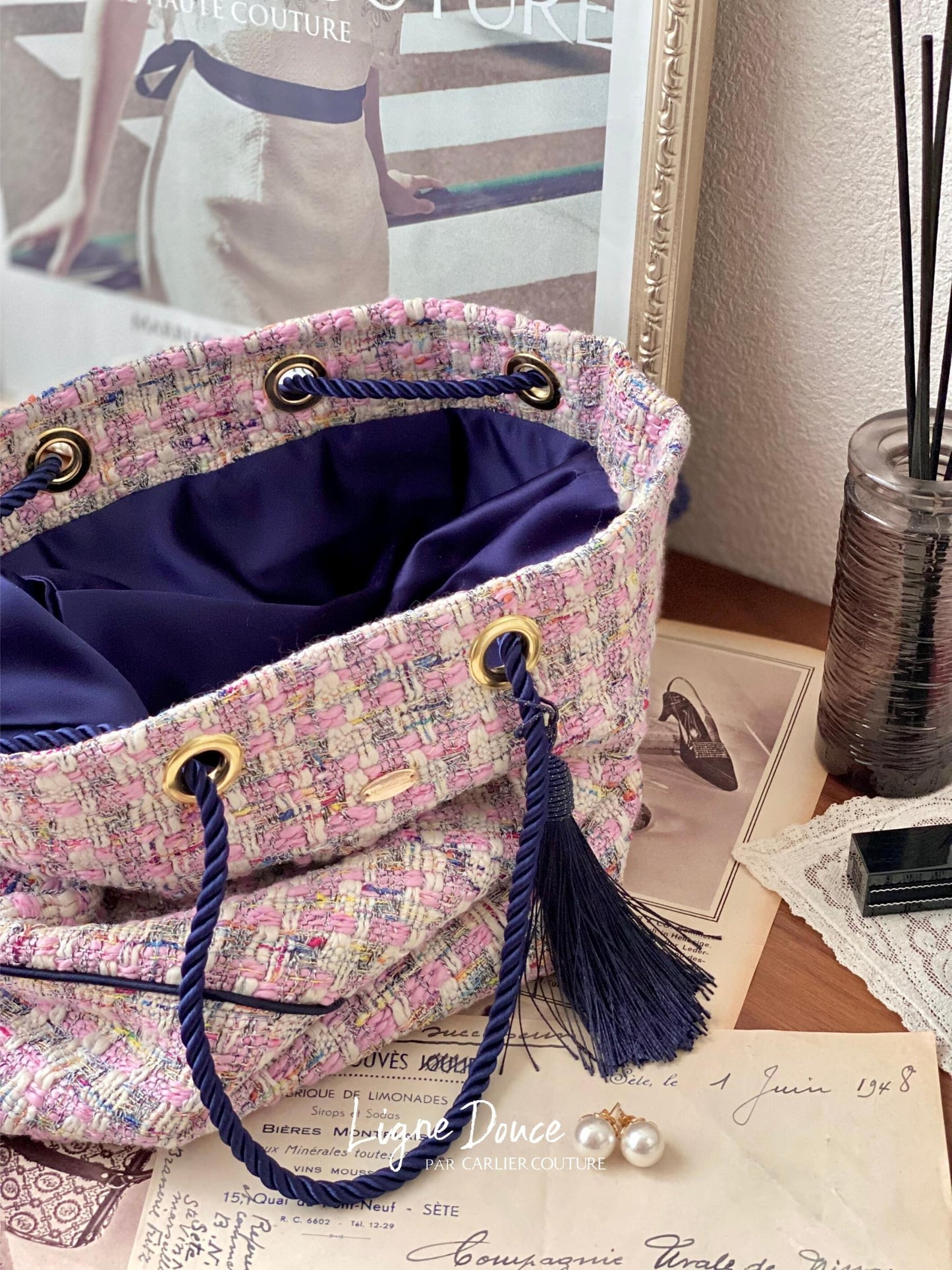 [Page réservée uniquement] Sac à œillets en tweed mélangé italien [Rose x Marine]